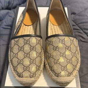 Gucci Beige and Black Espadrilles with Gold Accents